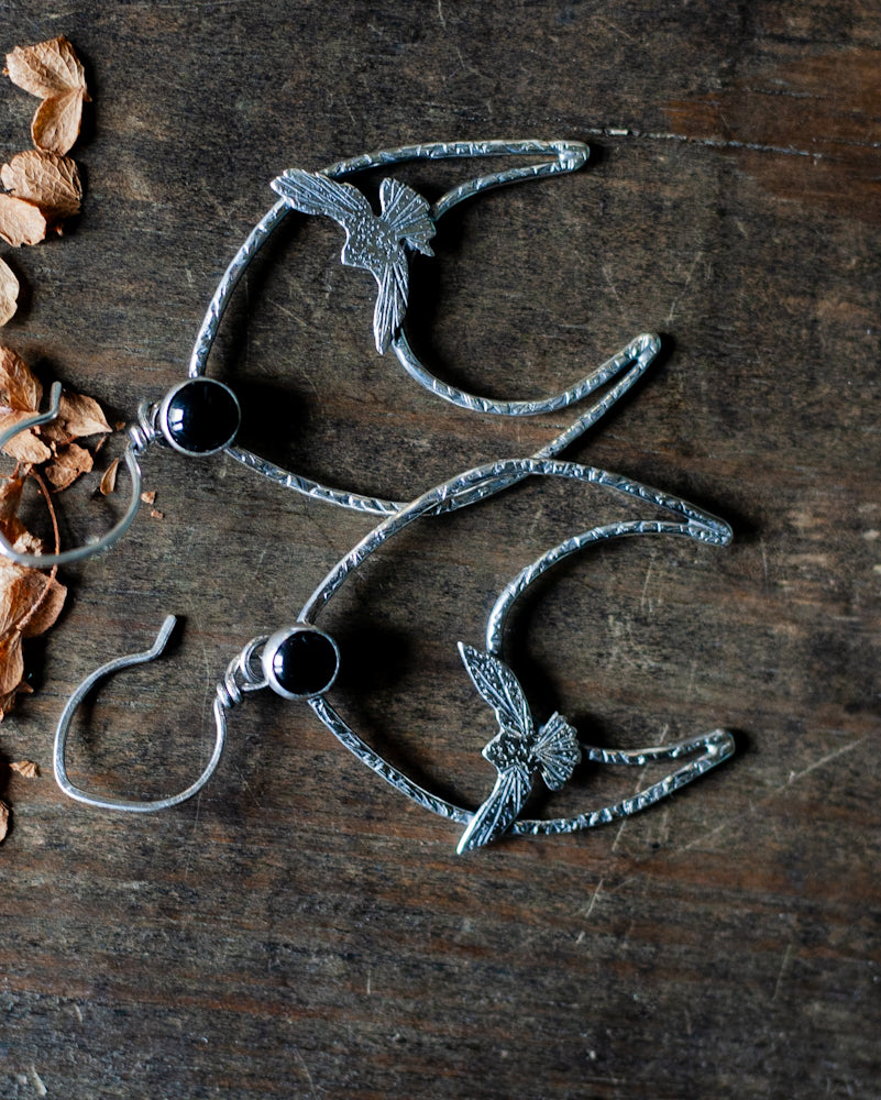 Taking Flight Crescent Moon Earrings - Ravens and Black Onyx