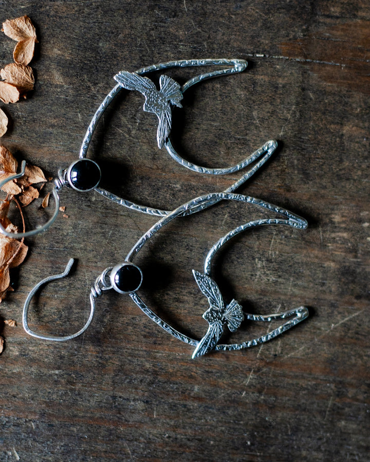 Taking Flight Crescent Moon Earrings - Ravens and Black Onyx