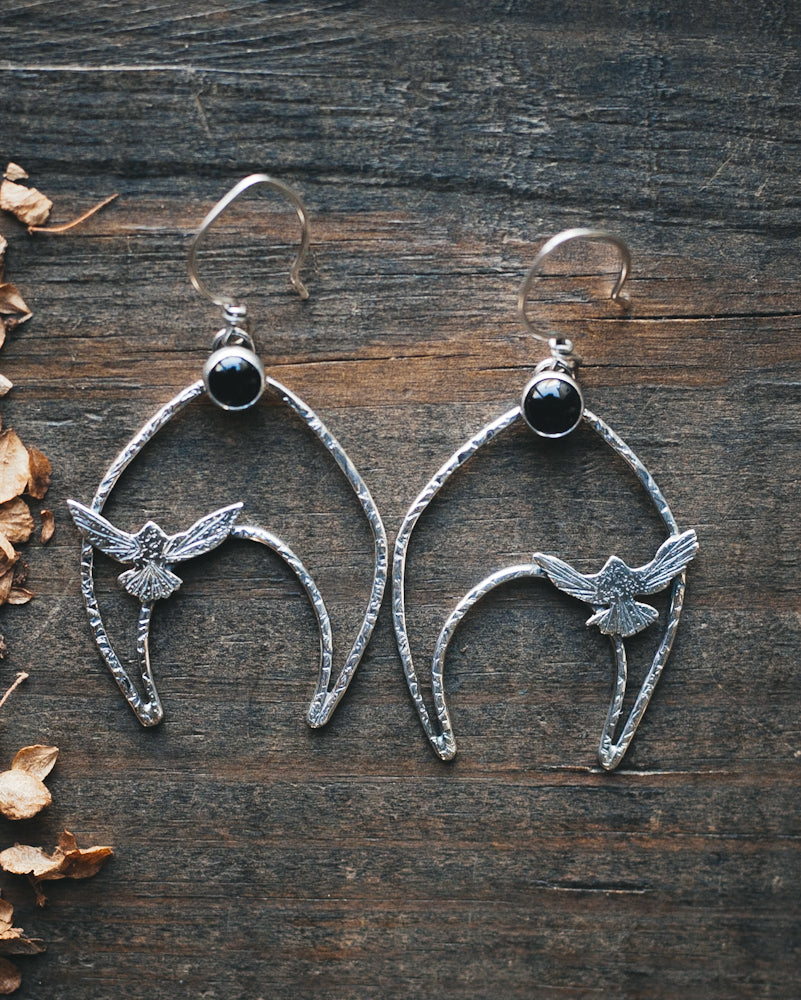 Taking Flight Crescent Moon Earrings - Ravens and Black Onyx