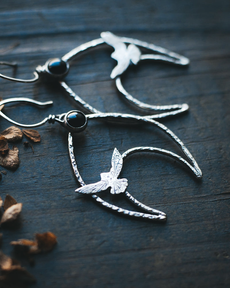 Taking Flight Crescent Moon Earrings - Ravens and Black Onyx