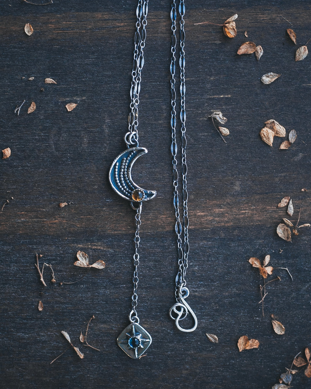 Night Magic Crescent Moon Lariat Necklace with Citrine and Blue Topaz II