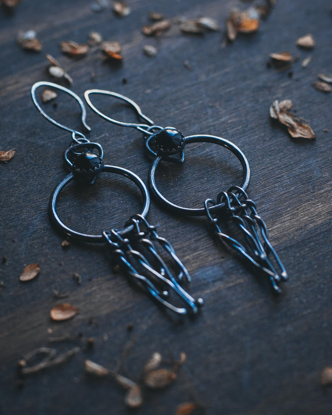 Portals - Sterling Silver and Black Onyx Fringed Earrings