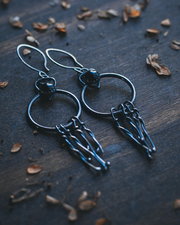 Portals - Sterling Silver and Black Onyx Fringed Earrings