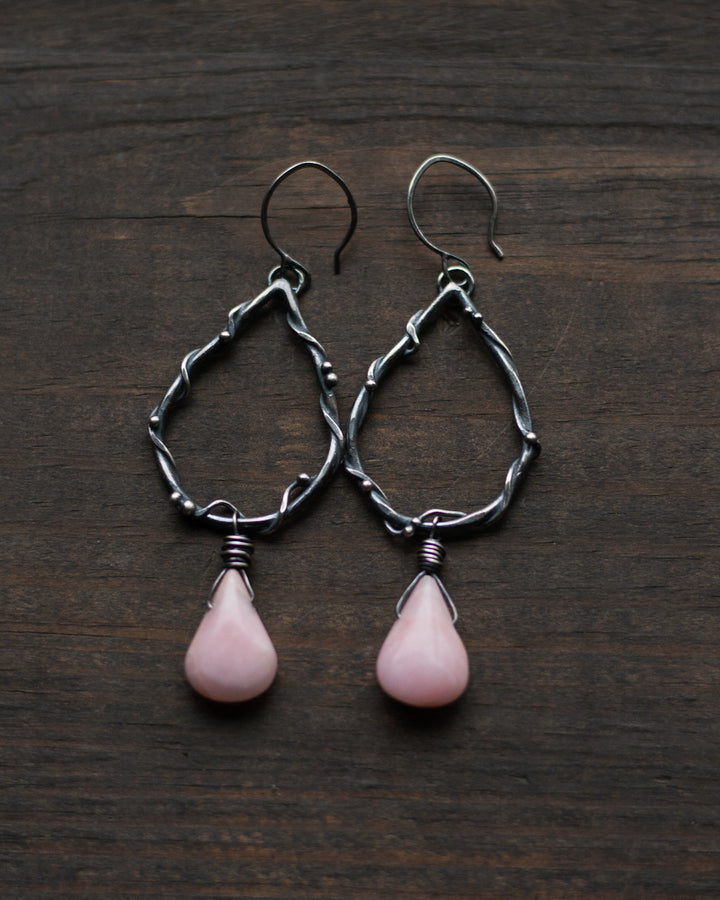Vined Teardrop Earrings with pink opal