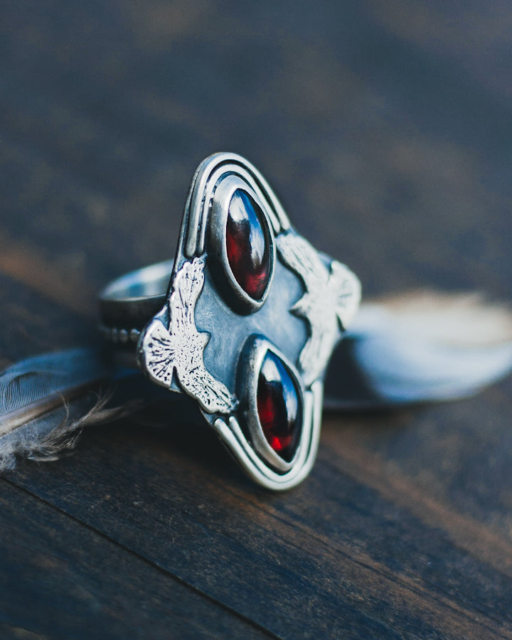 Taking Flight Two Stone Statement Ring - Garnet, Sterling Silver and Birds (Raven, hawk)- Size 8.25