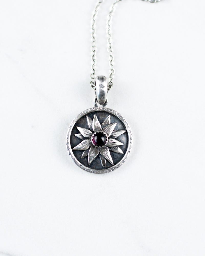 The Flower Keeper -  Sunflower in Sterling Silver and Garnet