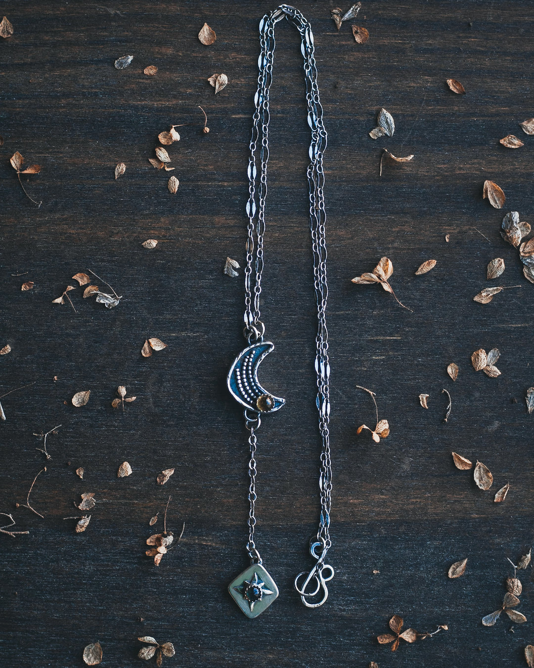 Night Magic Crescent Moon Lariat Necklace with Citrine and Blue Topaz I