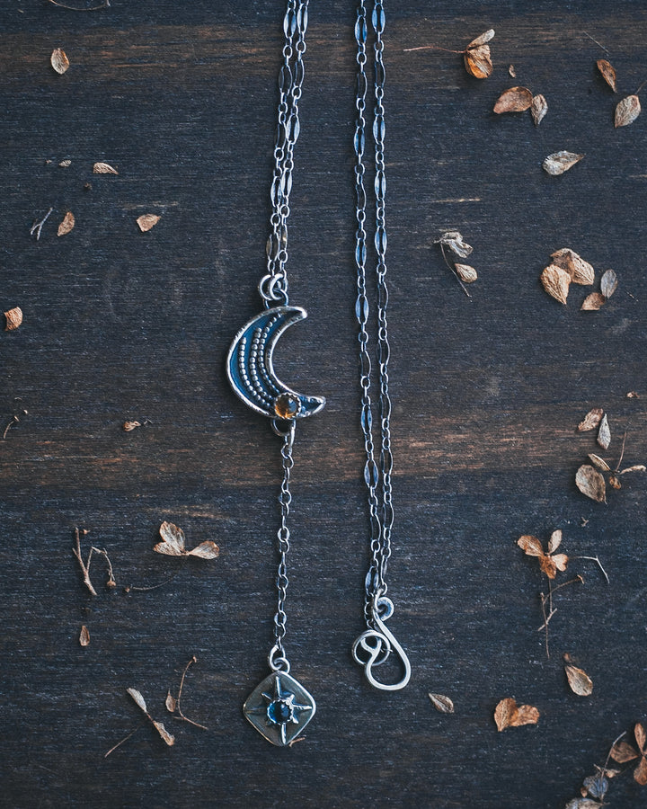 Night Magic Crescent Moon Lariat Necklace with Citrine and Blue Topaz II