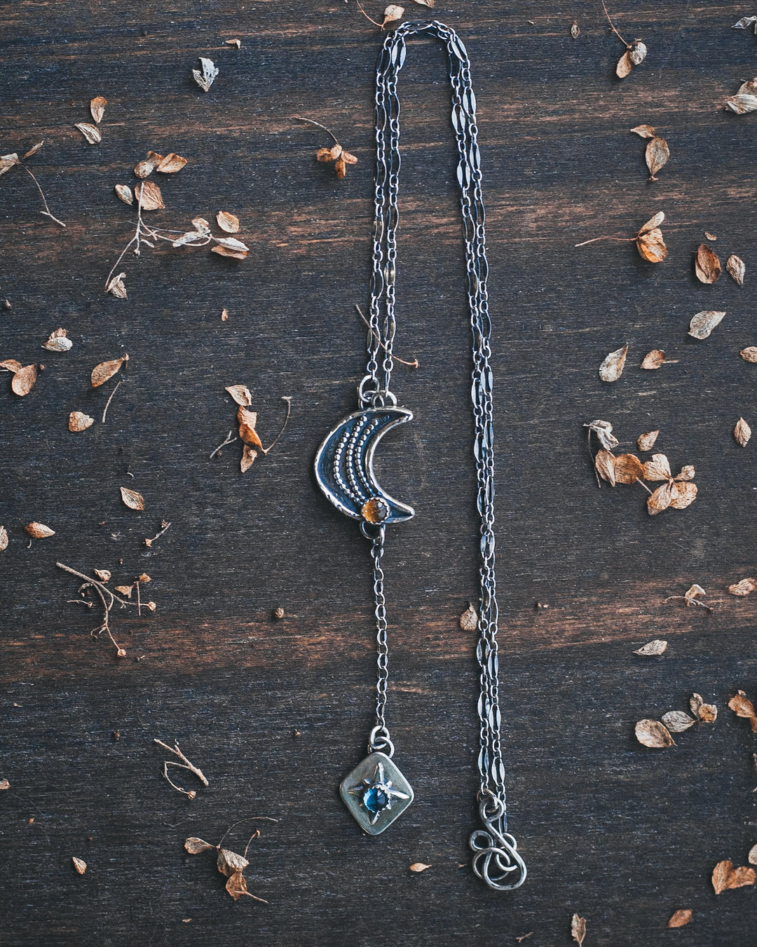 Night Magic Crescent Moon Lariat Necklace with Citrine and Blue Topaz II