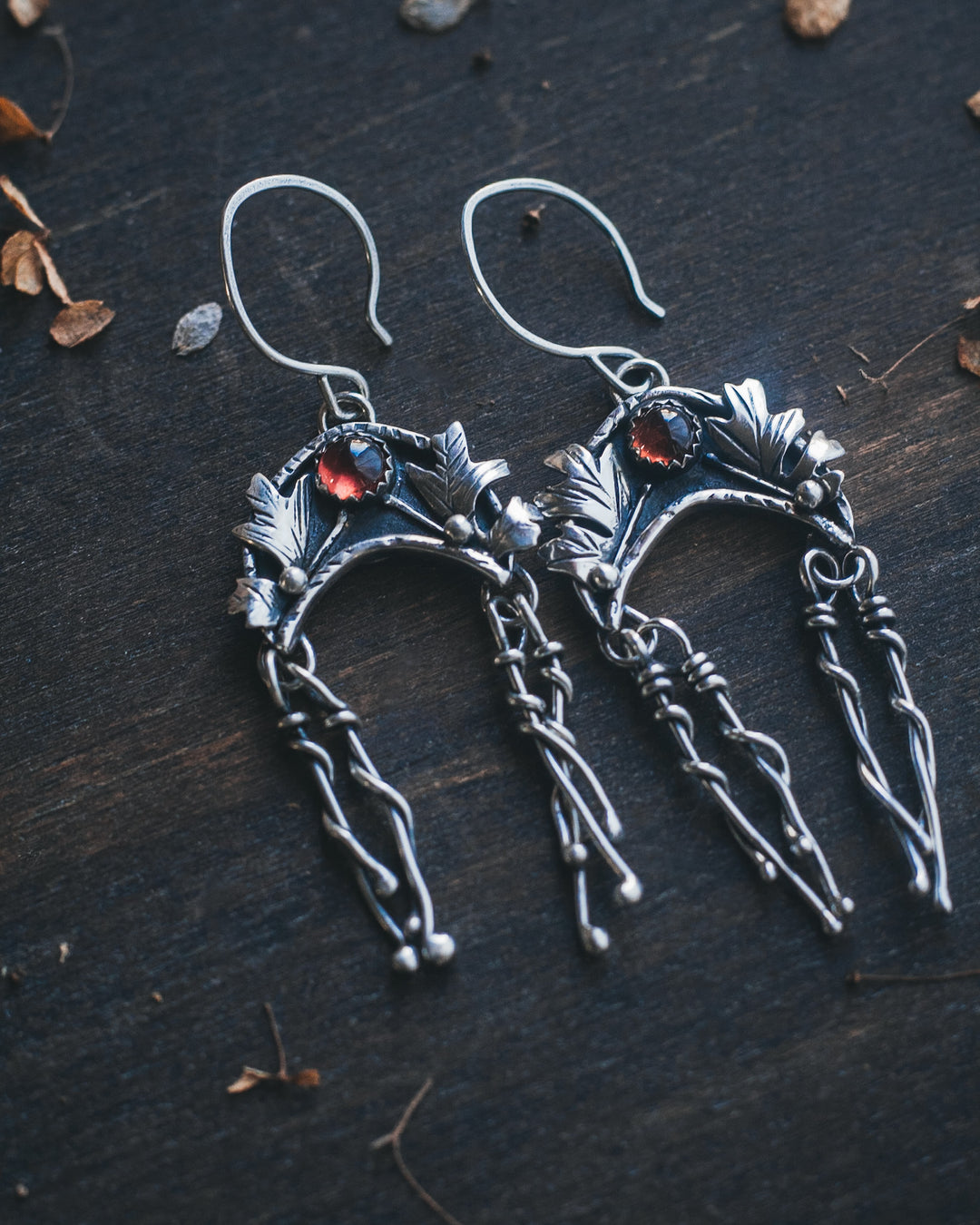 Dream Weaver Earrings - Oak Leaves and Garnet