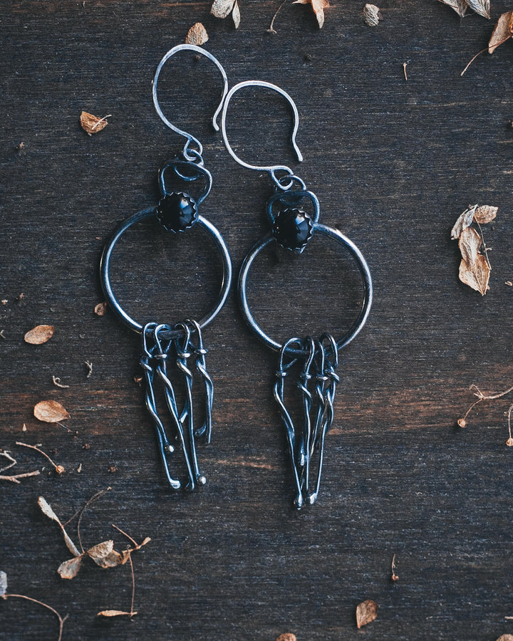 Portals - Sterling Silver and Black Onyx Fringed Earrings