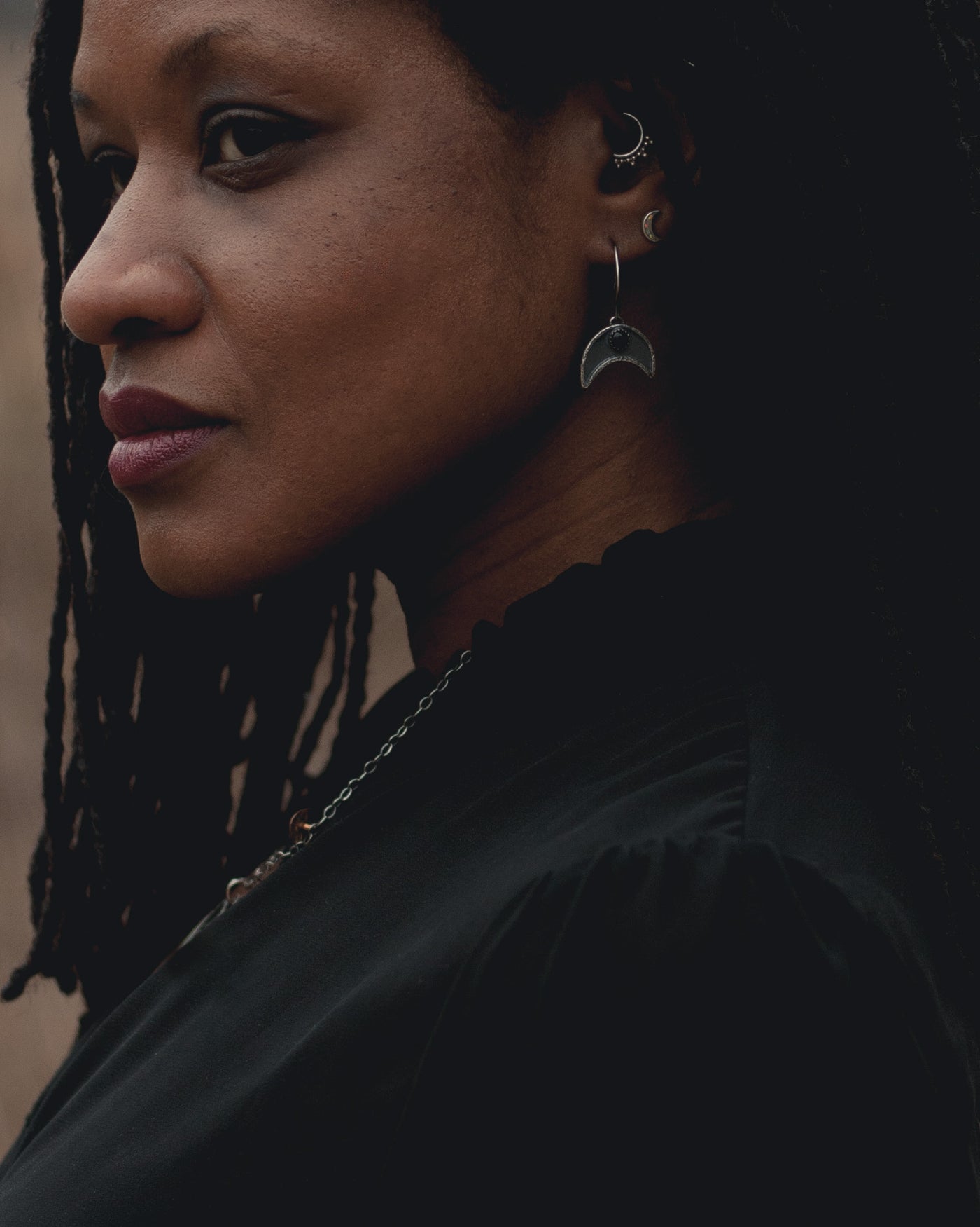 The Depths of Winter Crescent Moon Earrings  - Black Onyx
