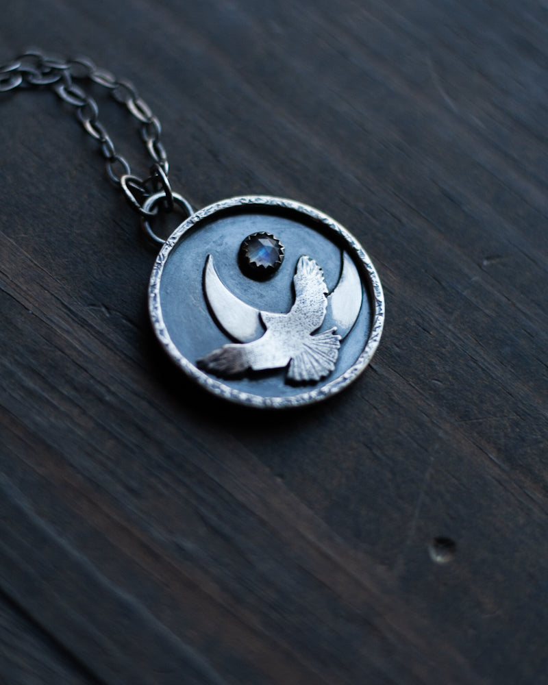The Taking Flight Raven Crescent Moon Necklace - Moonstone