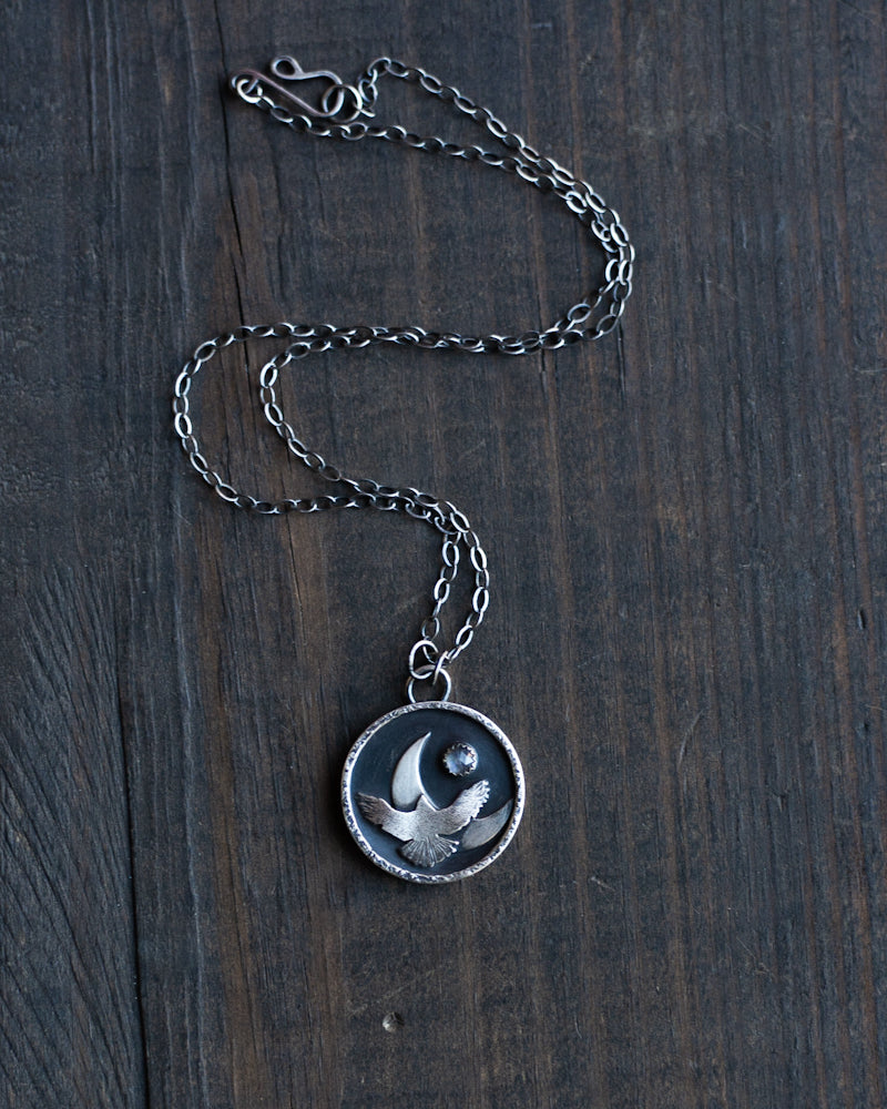The Taking Flight Raven Crescent Moon Necklace - Moonstone
