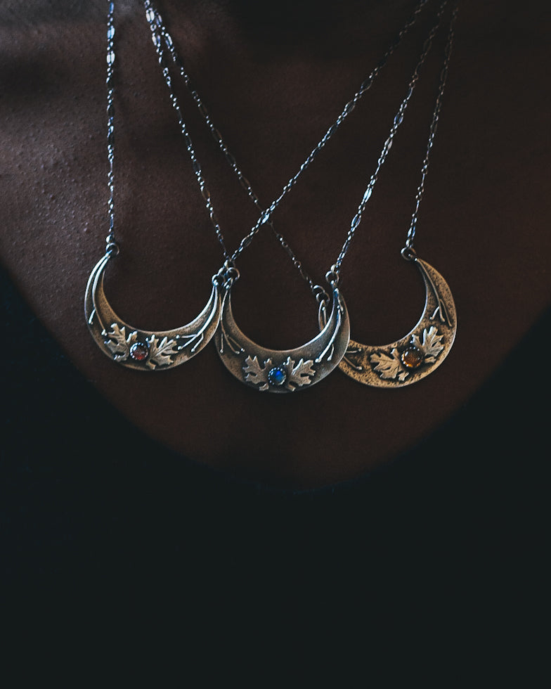 The Golden Season Crescent Moon Necklace - Sterling Silver and Garnet