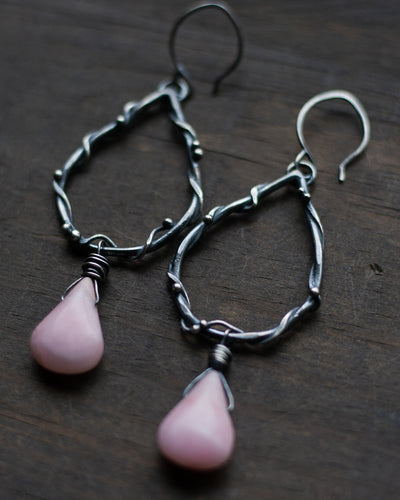 Vined Teardrop Earrings with pink opal