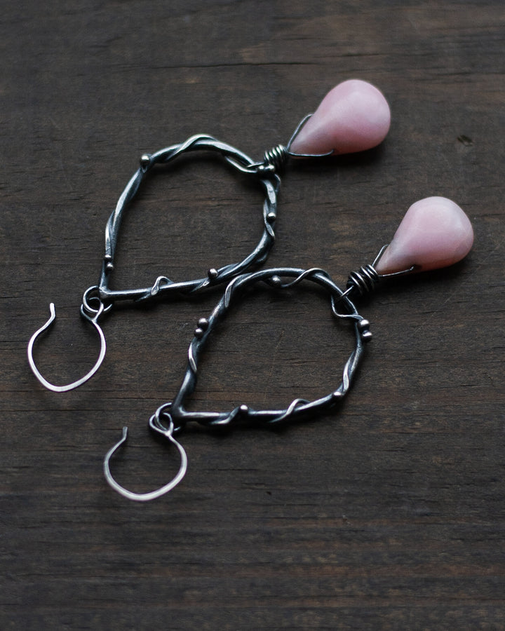 Vined Teardrop Earrings with pink opal