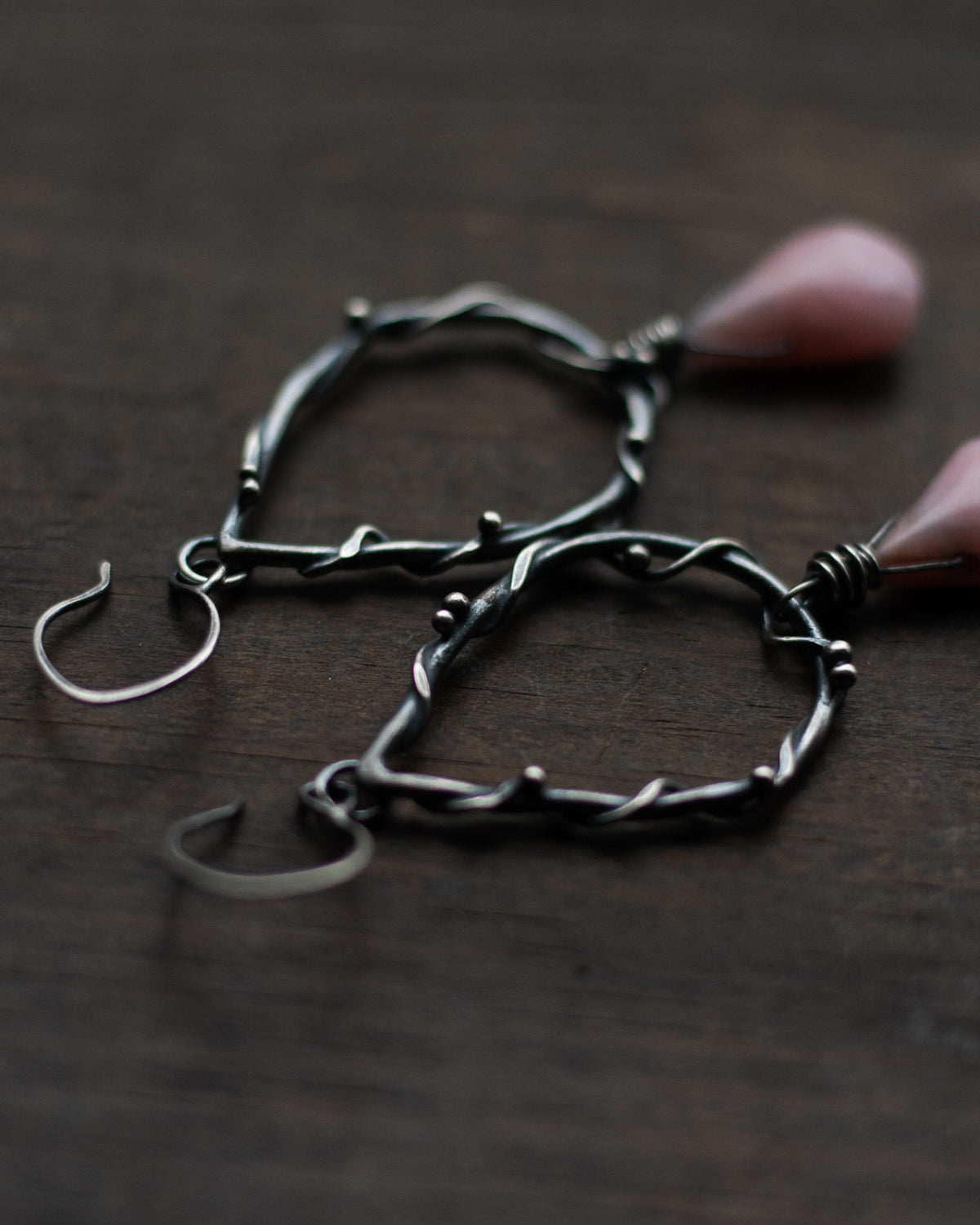 Vined Teardrop Earrings with pink opal