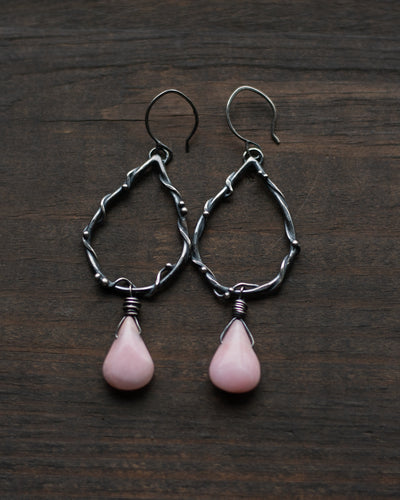 Vined Teardrop Earrings with pink opal