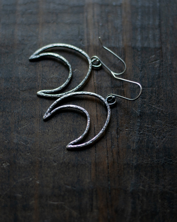 Sterling Silver Textured Crescent Moon Earrings - Medium I