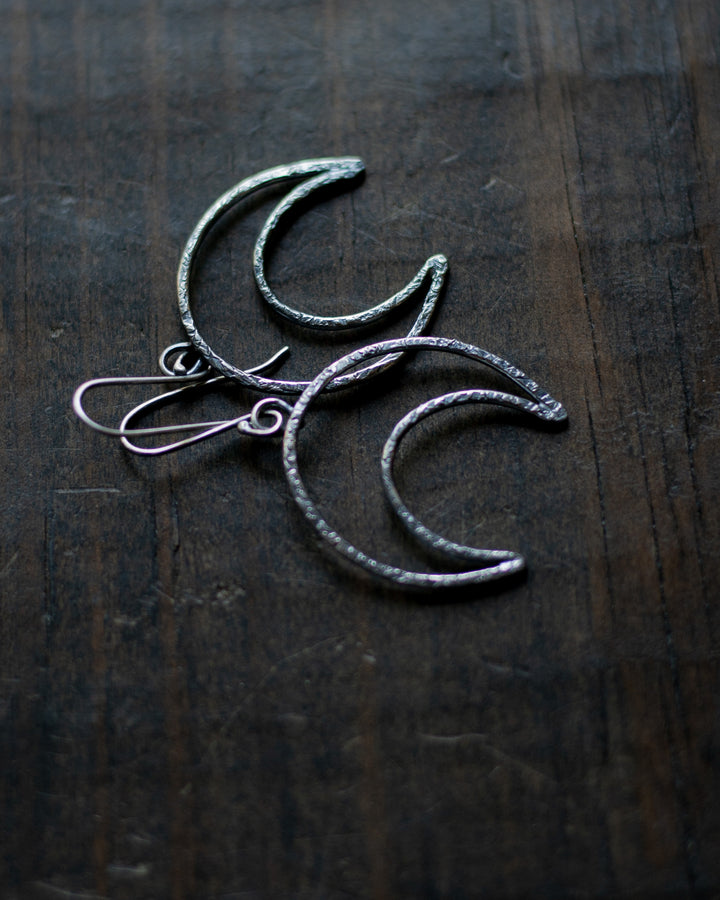 Sterling Silver Textured Crescent Moon Earrings - Medium III