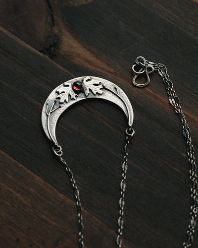 The Golden Season Crescent Moon Necklace - Sterling Silver and Garnet