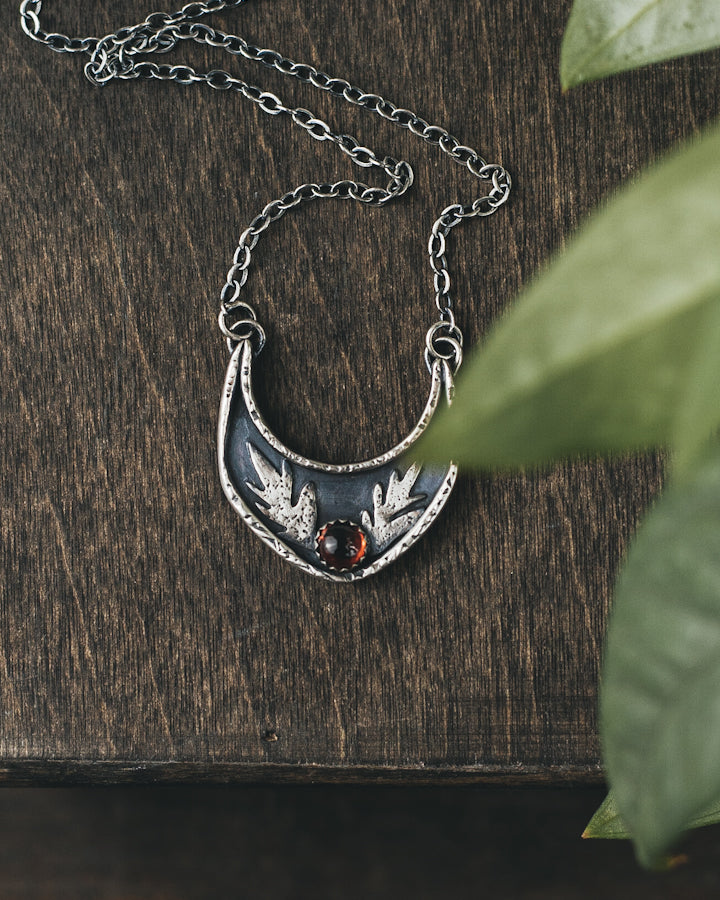 Botanical Shield Necklace - Garnet and Crescent Moon