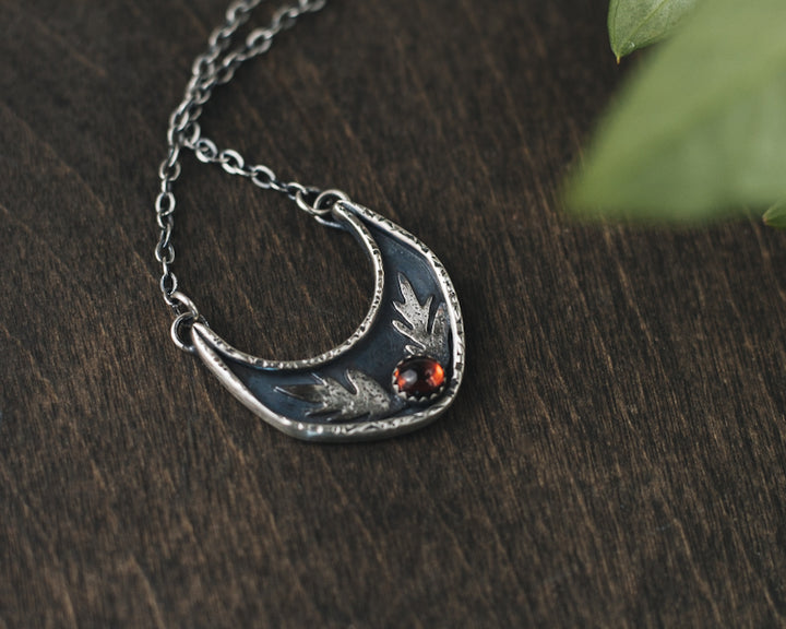 Botanical Shield Necklace - Garnet and Crescent Moon