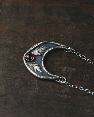 Botanical Shield Necklace - Garnet and Crescent Moon