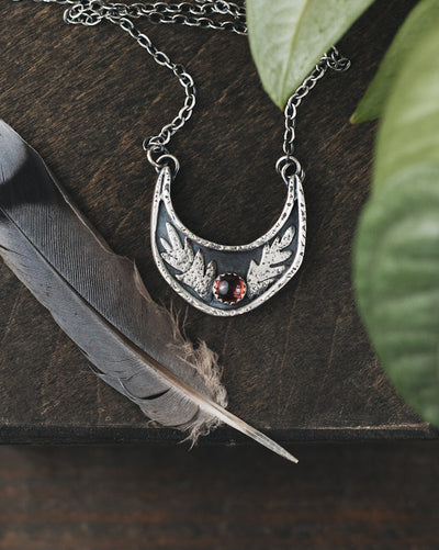 Botanical Shield Necklace - Garnet and Crescent Moon II