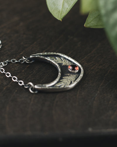 Botanical Shield Necklace - Garnet and Crescent Moon II