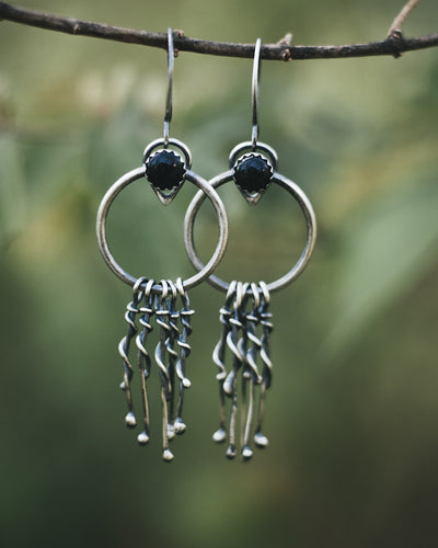 Portals - Sterling Silver and Black Onyx Fringed Earrings
