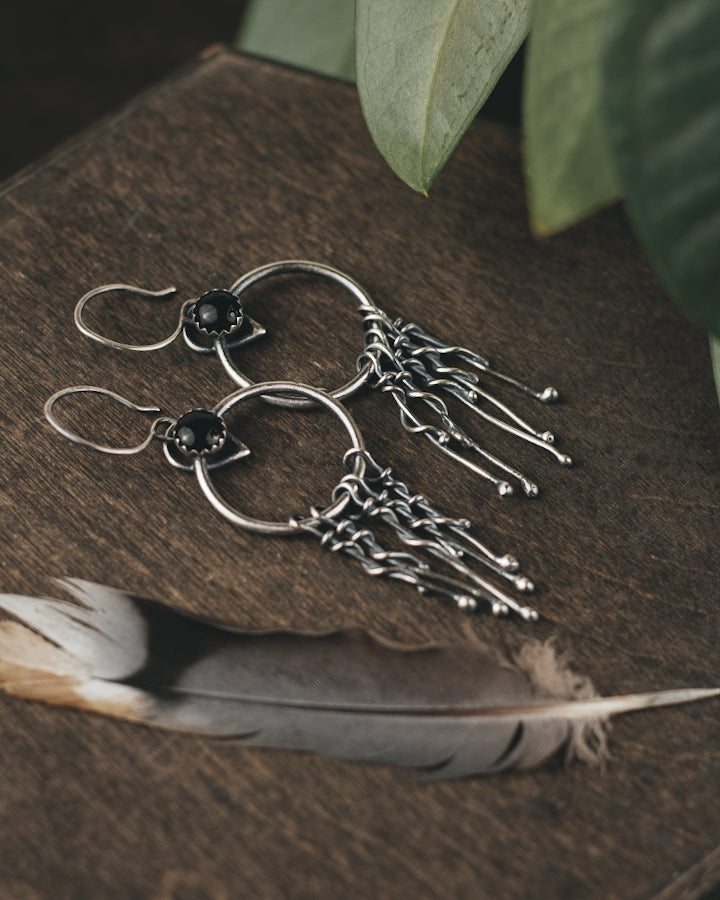 Portals - Sterling Silver and Black Onyx Fringed Earrings