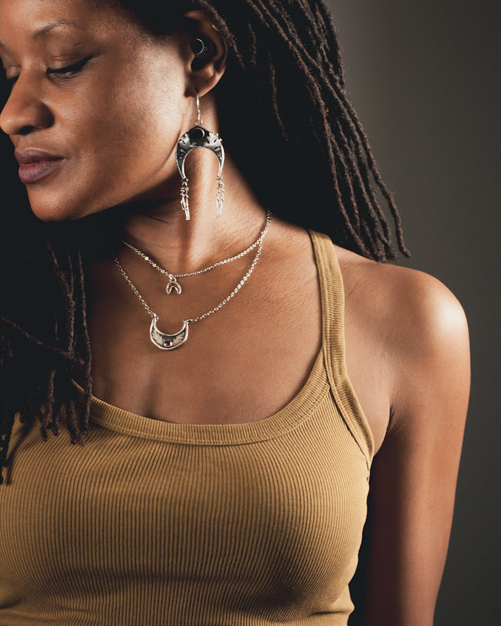 Botanical Shield Necklace - Garnet and Crescent Moon