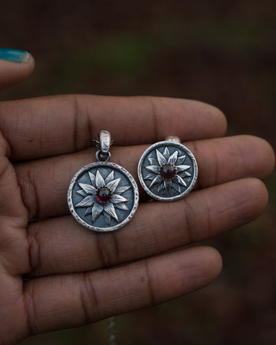 The Flower Keeper -  Sunflower in Sterling Silver and Garnet