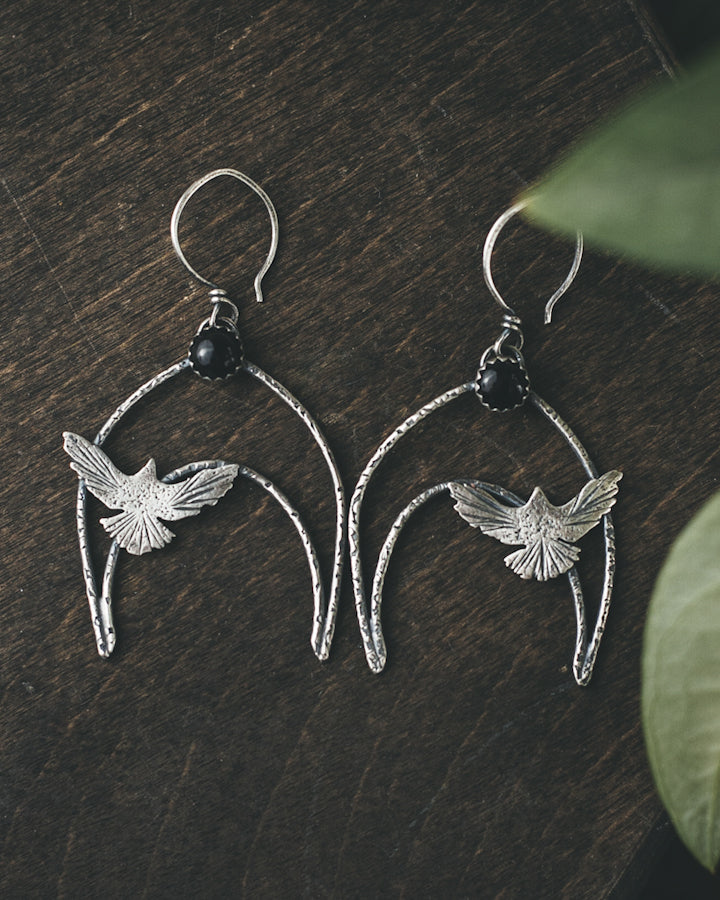 Taking Flight Crescent Moon Earrings - Ravens and Black Onyx