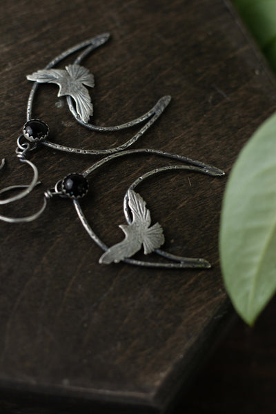 Taking Flight Crescent Moon Earrings - Ravens and Black Onyx