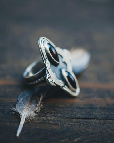 Taking Flight Two Stone Statement Ring - Garnet, Sterling Silver and Birds (Raven, hawk)- Size 8.25