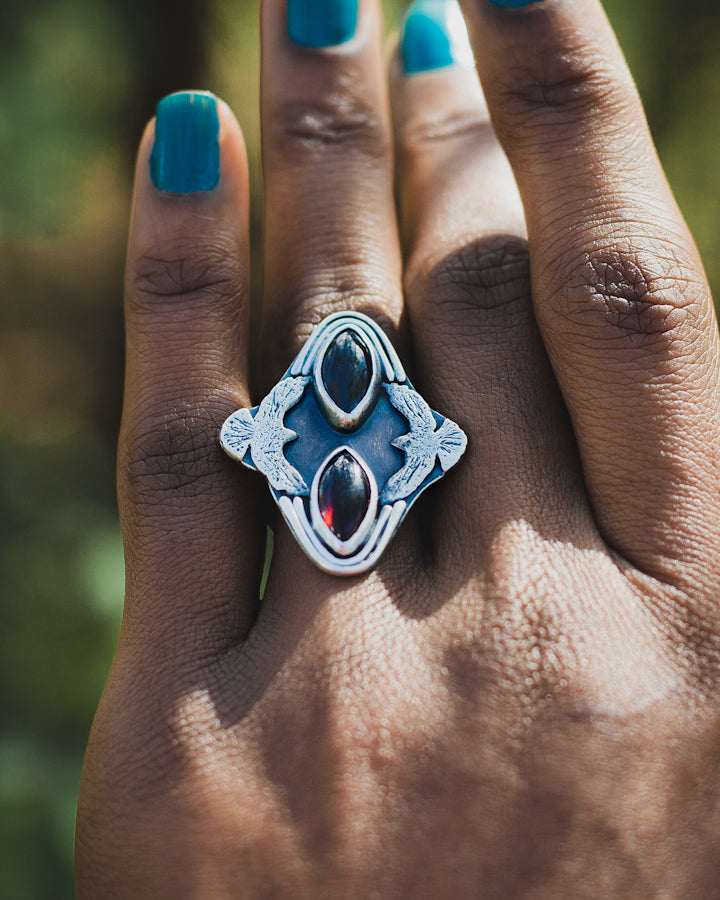 Taking Flight Two Stone Statement Ring - Garnet, Sterling Silver and Birds (Raven, hawk)- Size 8.25