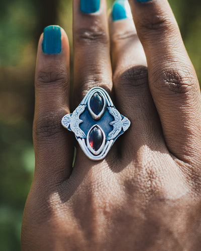 Taking Flight Two Stone Statement Ring - Garnet, Sterling Silver and Birds (Raven, hawk)- Size 8.25