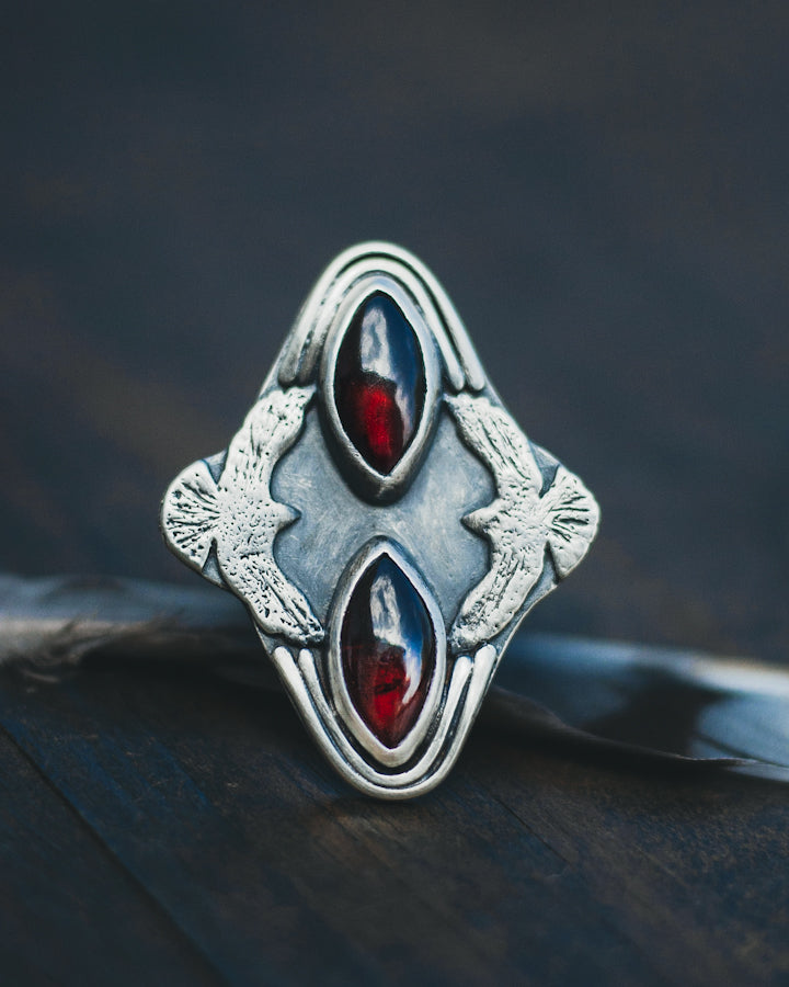 Taking Flight Two Stone Statement Ring - Garnet, Sterling Silver and Birds (Raven, hawk)- Size 8.25