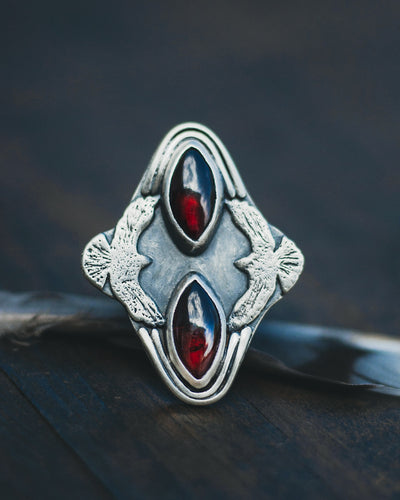 Taking Flight Two Stone Statement Ring - Garnet, Sterling Silver and Birds (Raven, hawk)- Size 8.25